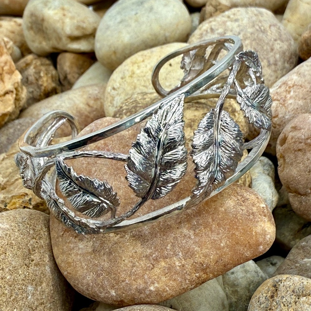 Sterling Silver Leaf Open Cuff Bracelet 6.5” Nature Inspired 925 Signed